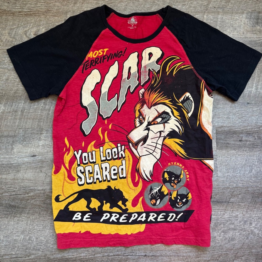 Disney Parks Lion King Scar Graphic T-Shirt Size M Regular Red Black Raglan Tee